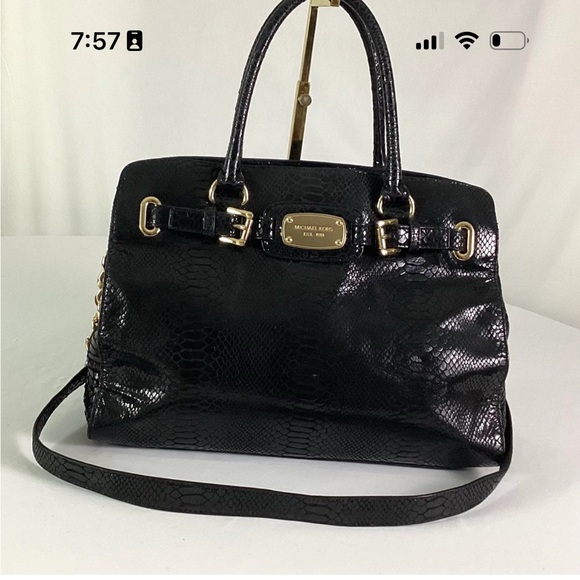 Michael Kors Black python embossed patent leather handbag tote - Picture 1 of 8